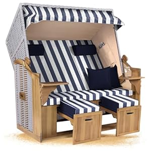 Strandkorb Hanse Ostsee XXL 2, 5 Sitzer Volllieger Weiß 150cm breit, ideal für Garten, Terrasse und Balkon (Blau Weiß Blockstreifen, Zerlegt)