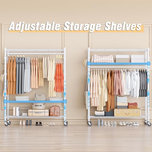Image of Homdox 3 Tier Garment Rack with Wheels, Portable Closets for Hanging Clothes Heavy Duty, Closet Racks and Shelving with Double Hanger Rods & Side Hooks, White
