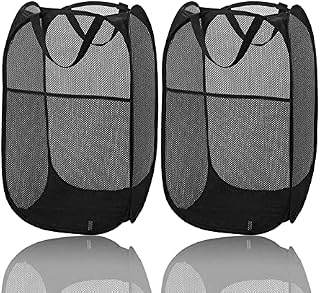 Mesh Laundry Baskets, 2 Pack Pop up Laundry Hampers Mesh Collapsible Laundry Baskets Foldable Mesh Hamper with Handles for Clothes and Toys Storage, Black