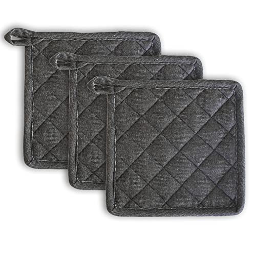 Image of 3 Pot Holder Heat Resistant Cotton Hot Pad or Pot Stand for Kitchen Cooking & Baking | Quilted Thick Fabric, Easy Grip, Hanging Loop (Grey)