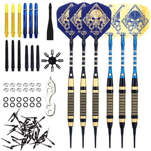 SHOT TAKER CO. EST. 2017 Soft Tip Darts Set - Professional Darts with Customizable Configuration, Aluminum & Plastic Shafts, O-Rings, Flights, Dart Tool, 50PC Extra 2BA Tips (18g-Blue B-STC10442)