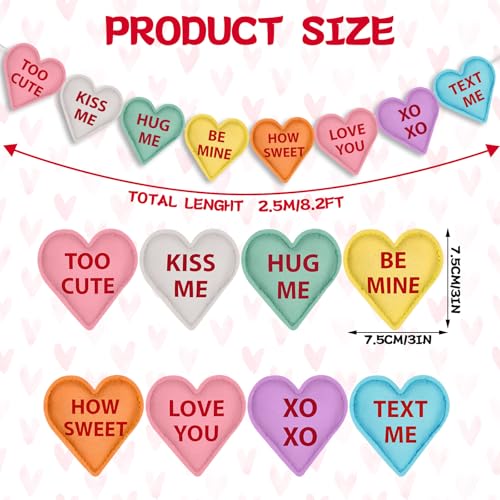 Image of Valentine's Day Heart Garland Felt Banner Decorations for Mantle Fireplace Room Valentine Hanging Decor