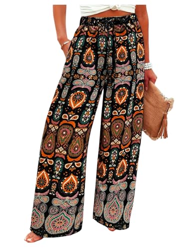 Women's Boho Paisley Wide Leg Pants Drawstring High Waisted Beach Vacation Long Trousers with Pockets
