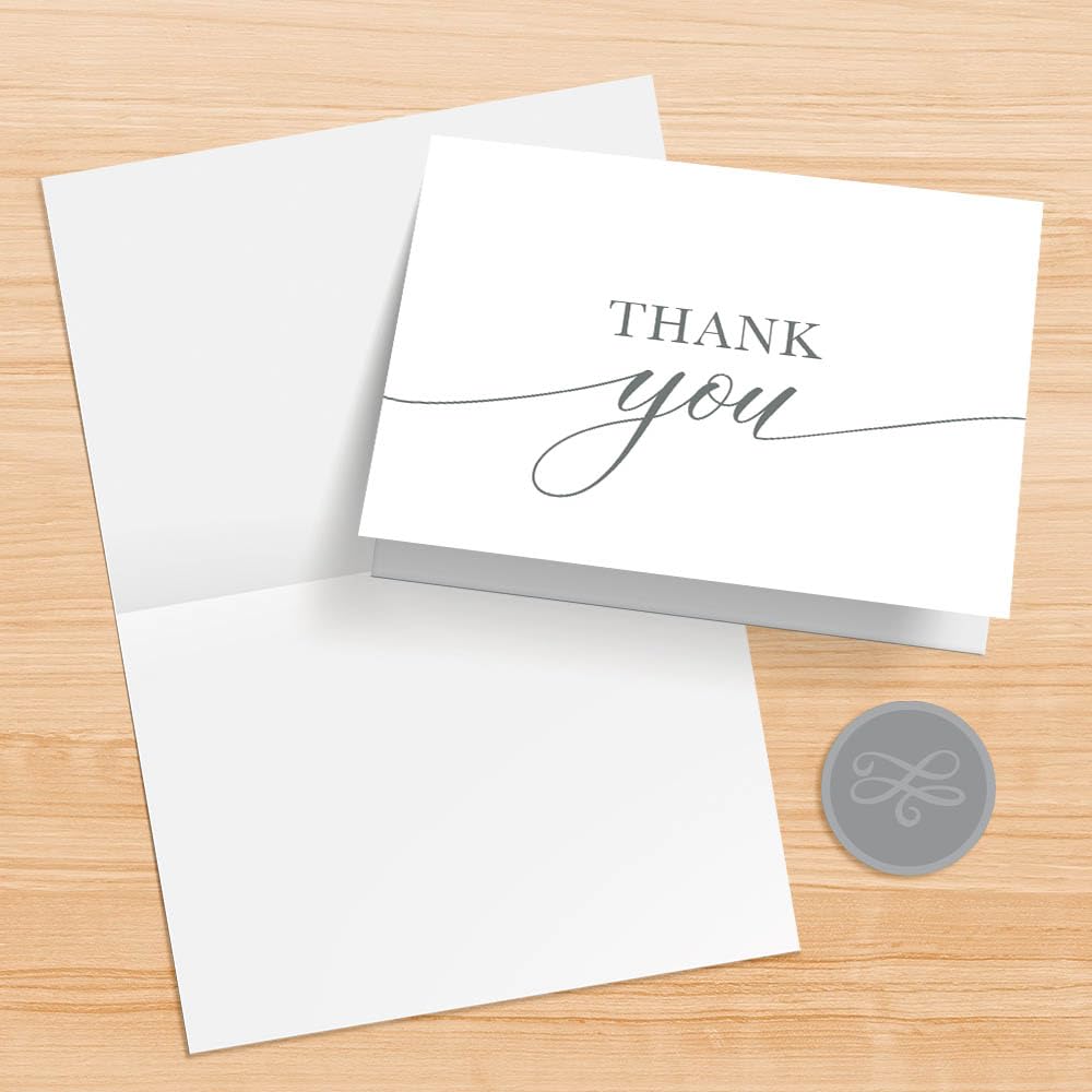 Designer Greetings - Tarjetas de agradecimiento en blanco para cualquier ocasión, con texto en relieve en papel de aluminio blanco y plateado (100 notas de agradecimiento en relieve, sellos y sobres