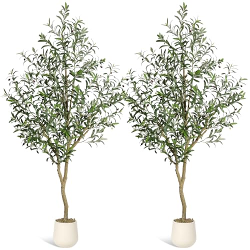 GarveeHome Olive Trees Artificial Indoor, 7ft Tall Faux Silk Plant - Fake Potted Tree with White Planter, Artificial Plants with Natural Wood Trunk and Lifelike Fruits for Home Office Decor, 2 Pack