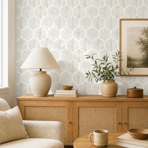 Image of MelunMer Geometric Peel and Stick Wallpaper Boho Beige White 17.3''x118''