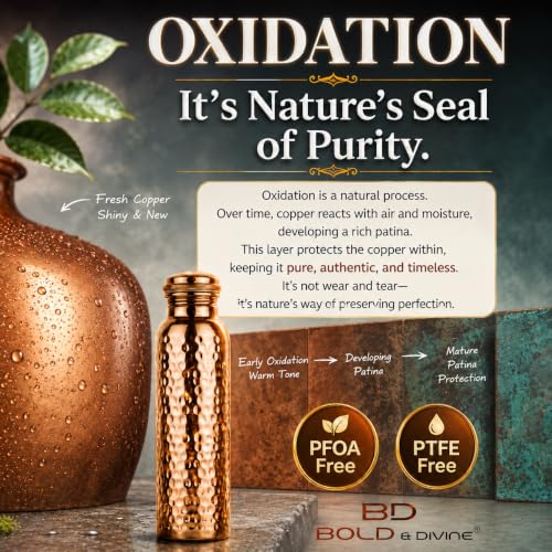 Image of Bold & Divine Premium 32oz Pure Copper Hammered Water Bottle for Drinking - Ayurvedic Health Benefits - Handcrafted Copper Water Vessel - Leak-Proof Design, Rust-Free - Bonus Canvas Carry Bag