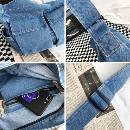 Image of Denim Shoulder Bag Canvas Messenger Bag for Women Men Tote Bag Casual Retro Aesthetic Crossbody Bag Handbag