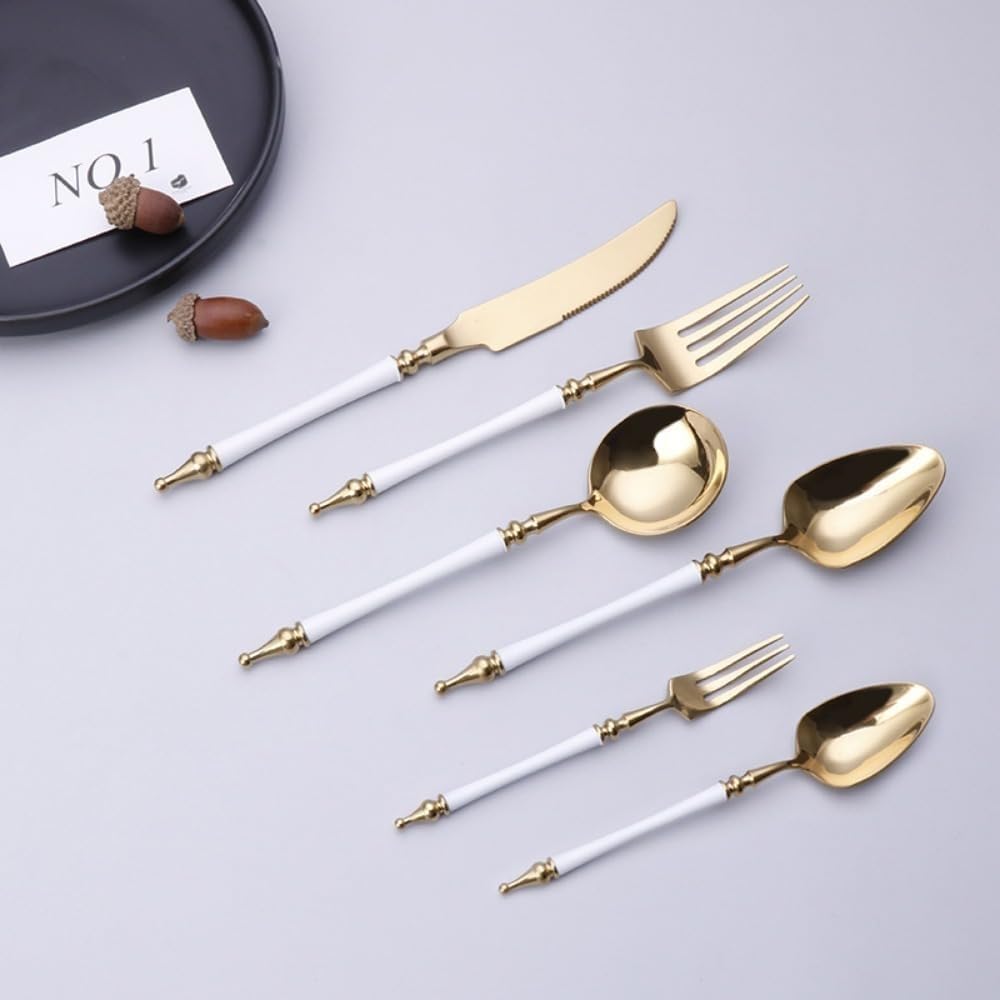 Royal Shang Youpin Light Luxury Legendary Roman Pillar Handle Kitchen Stainless Steel Silverware Tableware Flatware Cutlery Set Steak Knife Fork Spoon Teaspoon (White Gold,6 pieces)
