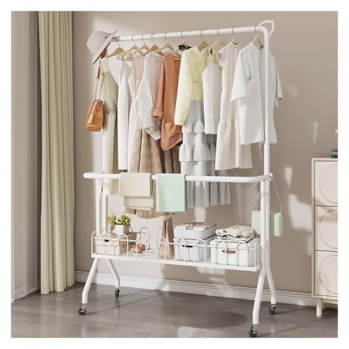 ZzERTE Perchero Metálico Gran Capacidad, Burro Ropa Resistente, Burro De Dos Barras Con Un Estante Con Ruedas, Perchero Con Almacenaje(White,100cm/39.4in)