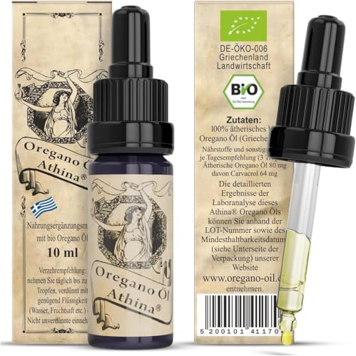 Athina® Oregano Öl Bio DE-ÖKO-006 I 1 x 10 ml ätherisches Oreganoöl I Origanum vulgare hirtum aus Griechenland I 80% Carvacrol I Regelmäßige Kontrollen für höchste Qualität