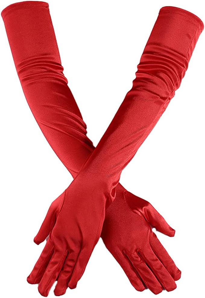 ATHXWomen's Solid Satin Over Elbow Long Gloves, Red, One size