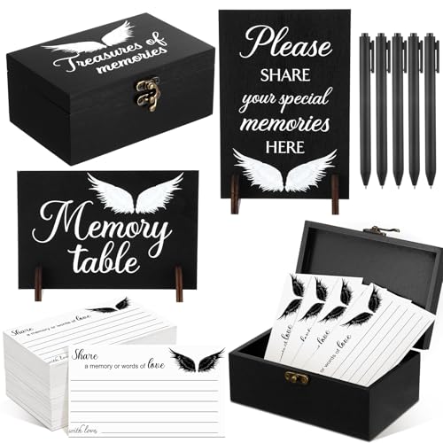 Image of Gilprop 112 Pcs Celebration of Life Memory Cards Set Share a Memory Cards with Box 2 Wood Sign with 4 Hold and 5 Pens, Sympathy Memorial Gifts Funeral Keepsake Decorations(Angel)