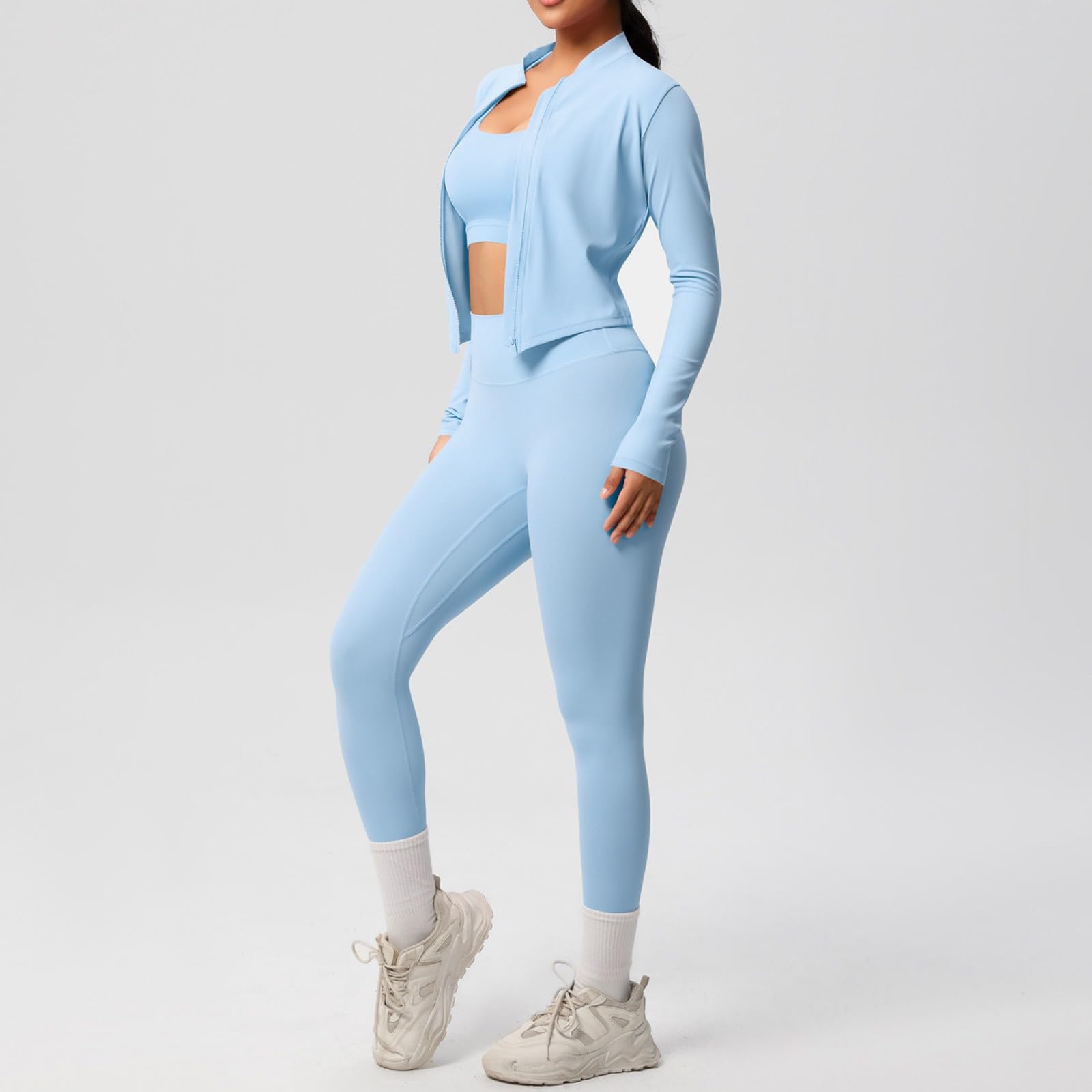 2026 Tuta Da Jogging Da Donna 3 Pezzi Tinta Unita Slim Fit Crop Top e Maniche Lunghe Per Corsa Fitness Cardigan e Leggings Per Yoga, Sport, Set Sportivo Sportswear Completi Ginnastica Casa