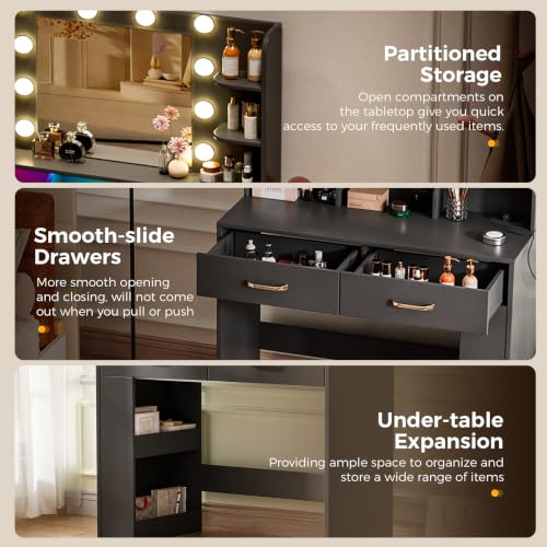 Image of LUCKRACER Vanity Desk with LED Lights Mirror & Charging Station, Makeup Vanity with Storage Drawers and Shelves, Modern Dressing Table for Women Girls Bedroom Black