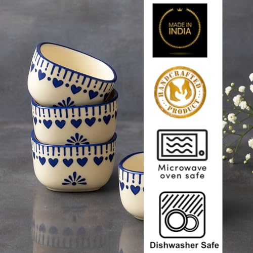 Image of StyleMyWay Hand-Painted Square Ceramic Dip Bowls (50 ml, White & Blue, Set of 4) | Chutney, Sauce, Pickle, Ketchup Mini Bowls