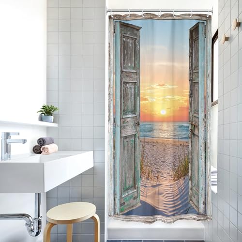 Image of Riyidecor RV Small Half Beach Shower Curtain 36Wx72H Inch Stall Narrow Seaside Ocean Barn Door Curtains Sea Scenery Rustic Single Bathroom Laundry Decor Fabric Polyester Waterproof 7 Pack Hooks