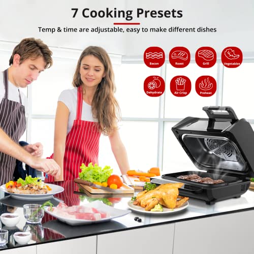 Indoor Grill Combo with See-Through Window, 7-in-1 Versatile, use Opened or Closed, Air Fry, Dehydrate & More, Pro Power Grate, Flat Top Griddle, 4Qt