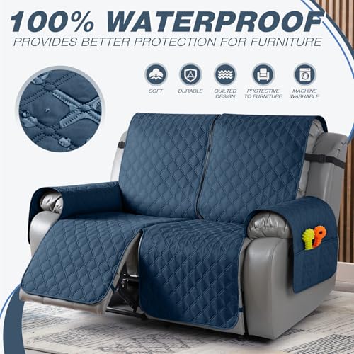Image of TAOCOCO 100% Waterproof Recliner Covers, Recliner Sofa Covers with Leg Straps, Reversible Recliner Couch Cover for Reclining Chair, Washable Couch Protector for Pets Kids(2 Seater, Ocean Blue)