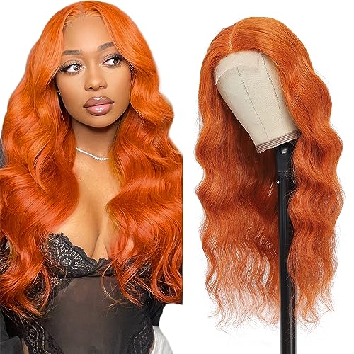 ZevPiul Ginger Orange Lace Front Wig Human Hair 24 Inch Orange Body Wave Wigs Human Hair 4x4 Lace Closure Body Wave Colored Human Hair Wigs Glueless Orange Ginger Lace Front Wigs With Baby Hair