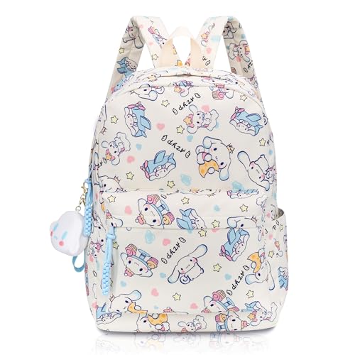 Roffatide Anime 18L Cinna-blanco Perro-dog Mochila Casual Daypack Casual Lindo Mochila de dibujos animados Bolsa de viaje Kawaii con Llavero Beis A