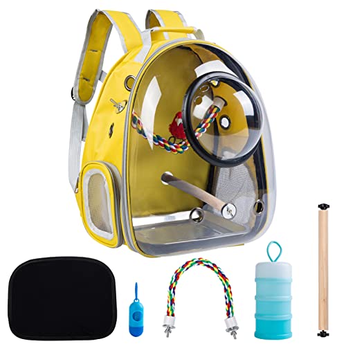 Bird-Carrier-Backpack-Travel-Cage-Yellow-Lightweight-Breathable-Bubble-Pet-Bag-with-Portable-Small-Bird-Feeder-Cups-and-Parrot-Toys-Transparent-Space-Capsule-Backpack-for-Parakeets-Cockatiel