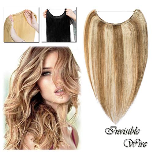 Miracle Hidden Invisible Wire in Human Hair Extensions Translucent Fish Line No Clip in Long Straight Highlight Ombre Golden Brown & Bleach Blonde 18 inch Remy Hair (18" #12&613)