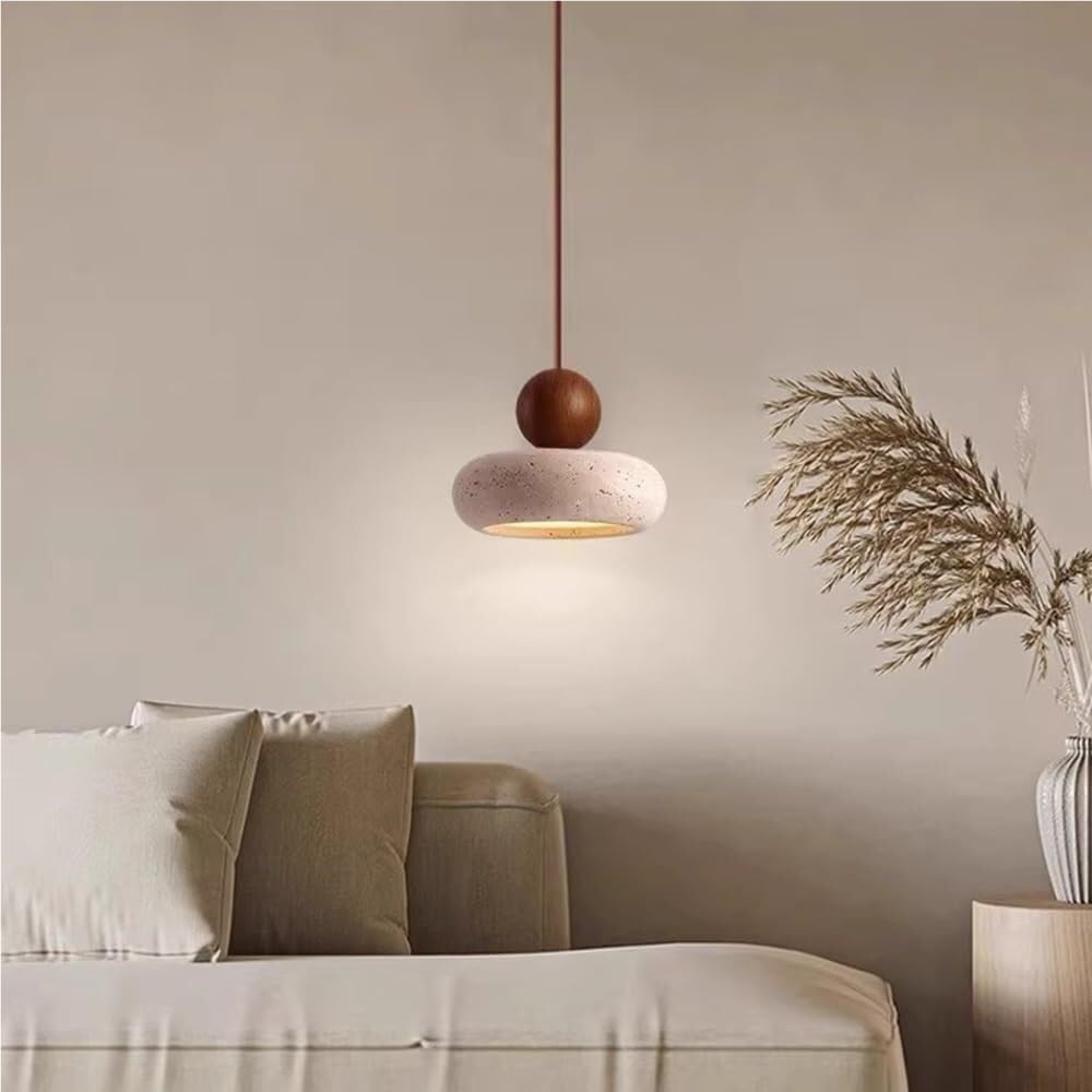 LYMSXAZOU Japanese Yellow Travertine Chandelier Modern Round Pendant Light with Globe Wood Accent Nordic Adjustable Cord Hanging Lamp for Dining Room Bedroom(Walnut)