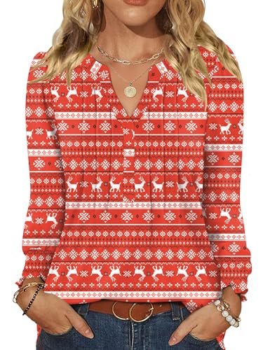 Rapbin Christmas Jumpers for Women Long Sleeve Tops Casual Blouse Pleated Ruffle Tunics V Neck Business Ladies Top Christma Red L