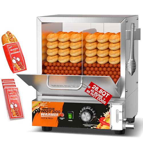 WantJoin Hot Dog Steamer Machine - 28.8QT Commercial Electric Hotdog Machine with Bun Warmer Tempered Glass Stainless Steel Steamer Machine for 95-105 Sausages and 30-40 Buns