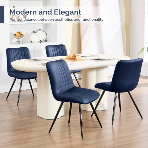 Image of Dining Chairs Set of 3, Modern Dining Chairs with Thick Cushions, PU Leather Upholstered Kitchen Dining Room Chairs with Metal Legs for Dining Living Room (Navy Blue)