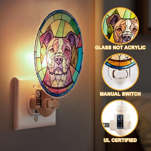 Image of Dog Night Light Pitbull, Stained Glass Styled Plug-in Wall Nightlight, Bulb Included, Pet Memorial Dog Lover Gift, Bedroom Hallway Bathroom Decor, Manual On /Off Switch