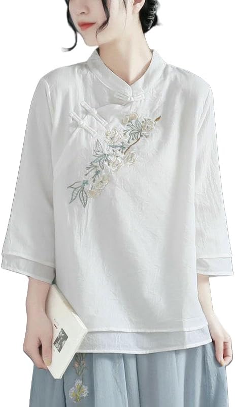 Women's Frog Button Embroidered Cotton Linen Shirt Chinese Style Mandarin Collar 3/4 Sleeve Loose Spring Summer Top