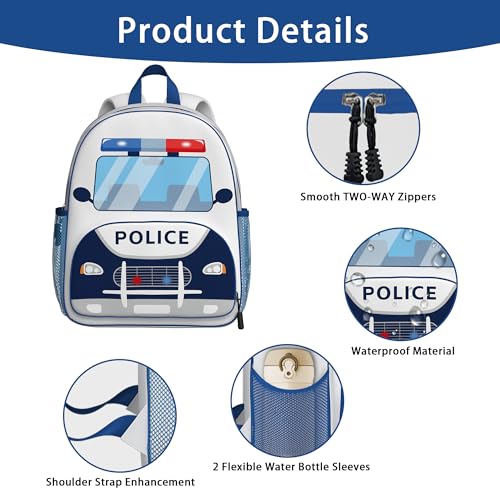Image of Police Car Toddler Backpack for Little Kids Water Resistance Kindergarten Preschool Bags Children Schoolbag Cute 3D Animal Cartoon Backpacks Gifts for Baby Boys Girls