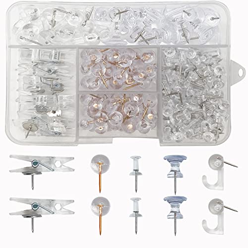 UXSEIN Clear Push Pins Set, 200PCs Transparent Thumb Tacks & Push Pins Hooks Decorative for Cork Board Wall Map Bulletin Boards (5 Styles, Clear)