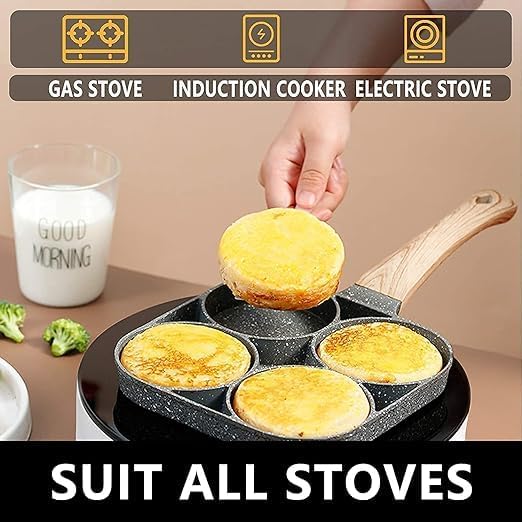 PERPART 4 Hole Non Stick Egg Frying pan, Multi-Purpose Frying pan for Omelet uttapam,idli Burger Poached Egg Kitchen Breakfast (1pcs) (Black) 4