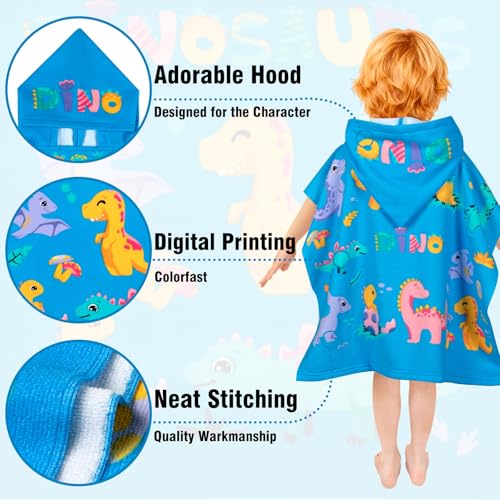 Image of growell Hooded Kids Beach Towels - Toddler Bath Towel Girls Boys Swim Cover-ups for Ages 1 to 6 Kids Pool Towels Quick Dry Lightweight Soft Microfiber Poncho Towel 24x23 (Dinosaur Sky Blue)