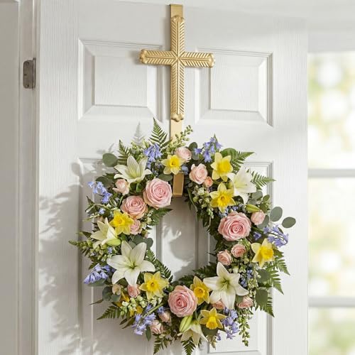 Frienda 15.7 Wreath Hanger for Front Door Cross Wreaths Hangers Metal Gold Over The Door Hooks Christian Religious Wall Decor for Wall Home Garden Fall Porch