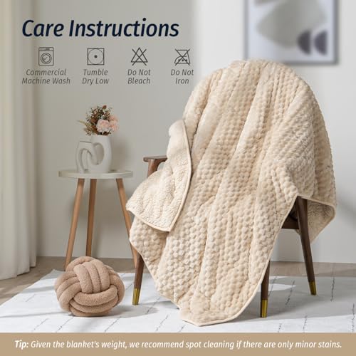 Wemore Fleece Weighted Blanket for Adults (60" x 80" 15lbs, Khaki), Dual Sided Cozy Soft Sherpa Heavy Blanket, 3D Imitation Turtle Shell Warm Jacquard Flannel Weighted Blankets for Couch and Bed