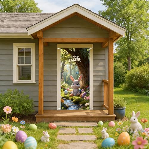 Image of Easter Door Cover Happy Easter Bunny Door Banner for Front Door Outdoor Spring Easter Door Covers Decorations 35x71 Inch