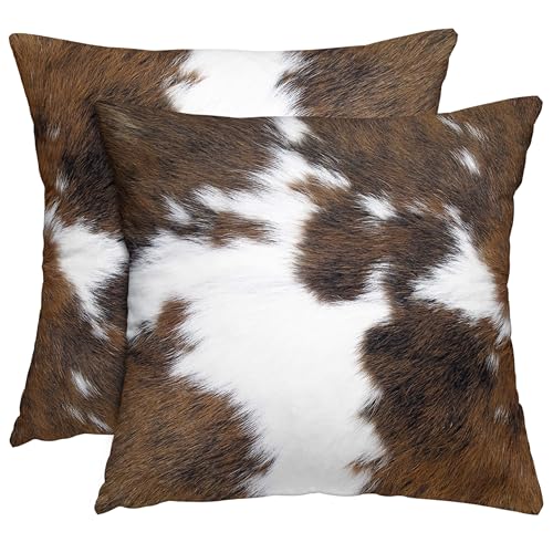 LXXTK Cow Print Throw Pillow Covers 18x18 Inches Cowhide Western Decor Pillow Case Set of 2 Soft Velvet Couch Pillows Cushion Cover for Bed Sofa Living Room (White Brown 18 L x 18 W)