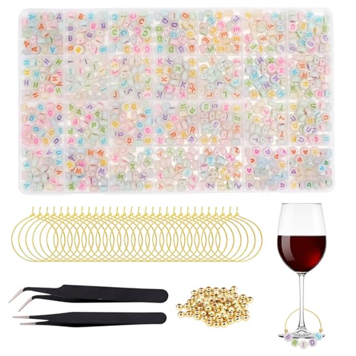 BLSUREFYX 30 Sets DIY Wine Glass Charms 650 Letter Beads 50 Heart-Shaped Bead 60 Golden Beads 30 Charm Rings 2 Tweezers Custom Charms Wine Glass Marker for Cocktail Party Decoration Luminous