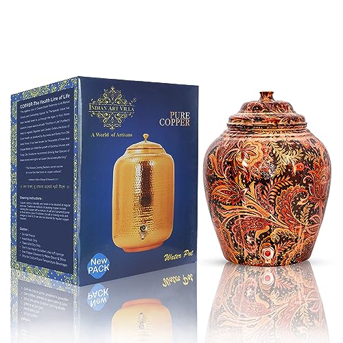 Image of IndianArtVilla Printed Design Copper Water Dispenser Pot Matka, Storage, Home Garden, 13 LTR, Dark Brown