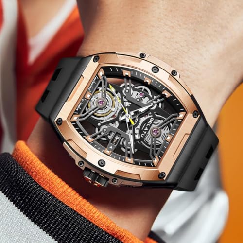 Image of OLEVS Luxury Watches for Men Black Mechanical Wrist Watch Self Winding Automatic Tourbillon Watches Skeleton Waterproof Mens Wrist Watch