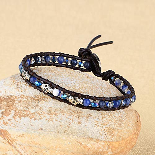 Image of KELITCH 925 Silver Skull Bracelets Wrap Bracelets Women Crystal Beaded Bracelets on Natural Leather