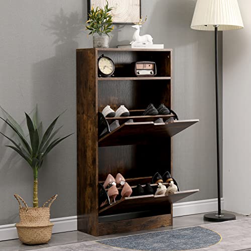 KUMIUNION Shoe Cabinet, Narrow Shoe Cabinet for Entryway, Free Standing Shoe Cabinet with 2 Flip Doors & Adjustable Shelf, Modern Shoe Storage Organizer Cabinet, Rustic Brown KUMIUNION Shoe Cabinet, Narrow Shoe Cabinet for Entryway, Free Standing Shoe Cabinet with 2 Flip Doors & Adjustable Shelf, Modern Shoe Storage Organizer Cabinet, Rustic Brown