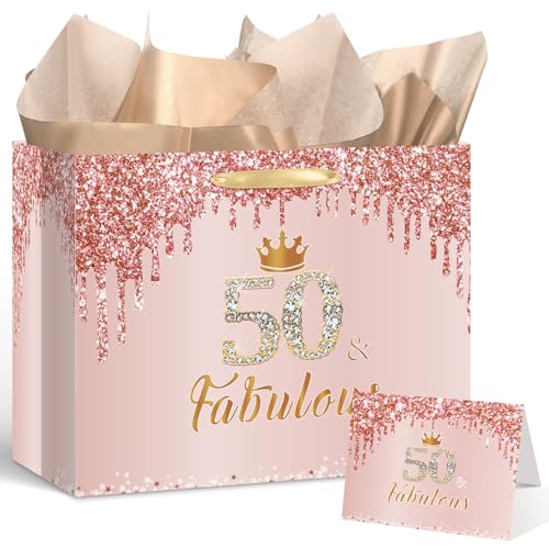 Yoirrat Rose Gold 50 and Fabulous 50th Birthday Gift Bag for Women Large Pink Happy 50th...