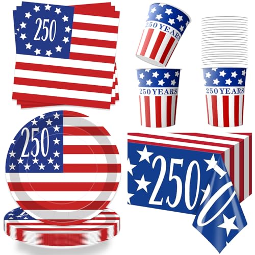 250th Anniversary Party Tablewares Set, 73PCS American 250 Flag Disposable Plates, Napkins, Cups Tablecloths for Patriotic Party Supplies 4th of July Decorations, Serve 24