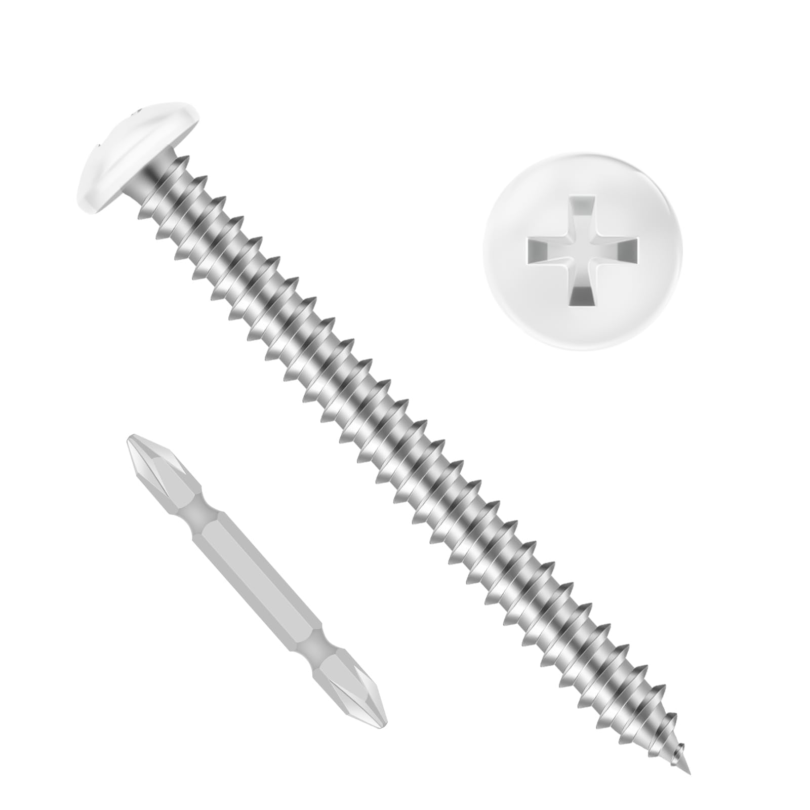 Etauwe 100 PCS #8 x 2 Pan Head Self Tapping Screws, White Head Wood Screw, 304 Stainless Steel 18-8, Screwdriver Bit Included