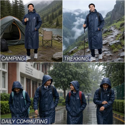 Image of ROCKSPORT Water Proof Long Rain Coat With Adjustable Hood For Mens - Blue